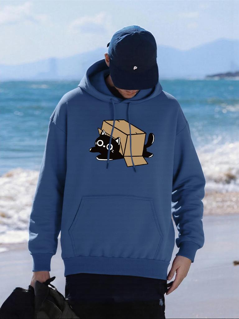 Cardboard Box Black Cat Printing Man Hoody Loose Fleece Hoodies Autumn All-Match Pullovers Multicolor Hip Hop Mens Sportswears
