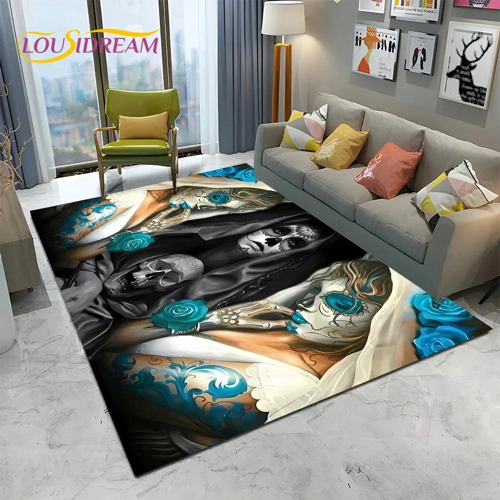 Horror Gothic Female Skull Dead Girl Teppich Teppich für Zuhause Wohnzimmer Schlafzimmer Sofa Fußmatte Dekor, Kinderbereich Teppich rutschfeste Bodenmatte