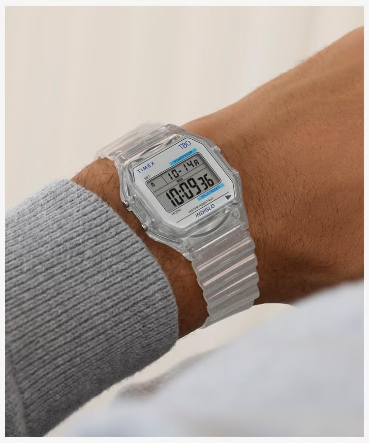 TIMEX T80 Translucent Quartz Watch TW2Y34100 TW2Y34200 TW2Y36400 Skeleton Digital Watch 30m Water Resistant Date Display Chronograph Alarm (Clear)