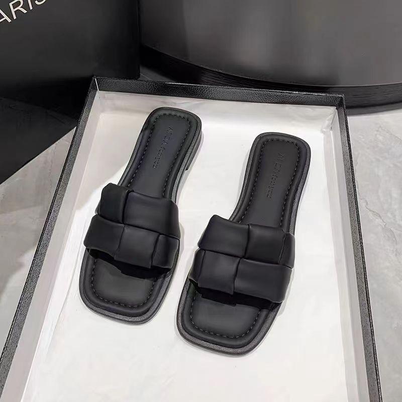 

Женские летние шлепанцы на низком каблуке 2025 новая плетеная модная крутая обувь 35 чёрный