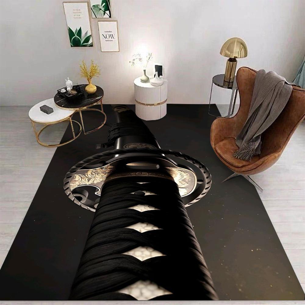 Samurai Katana Printing Carpet Mat Rug Japanese Ronin Theme Red Sun Black Background Home Decoration Living Room Floor Mat