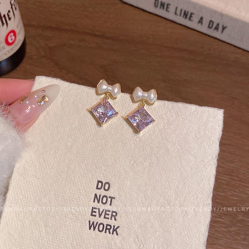 Korean Sweet Bow Earrings Women's Small Sugar Cube Zircon Pendant Earrings Ear Jewelry