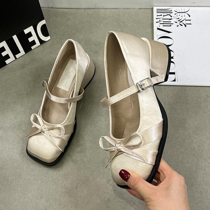 Fashion Women Shoes 2025 Spring Mary Jane Fashion Butterfly-knot Square Toe Satin Women's High Heels Buckle Elegant Pumps Shoe Wedding