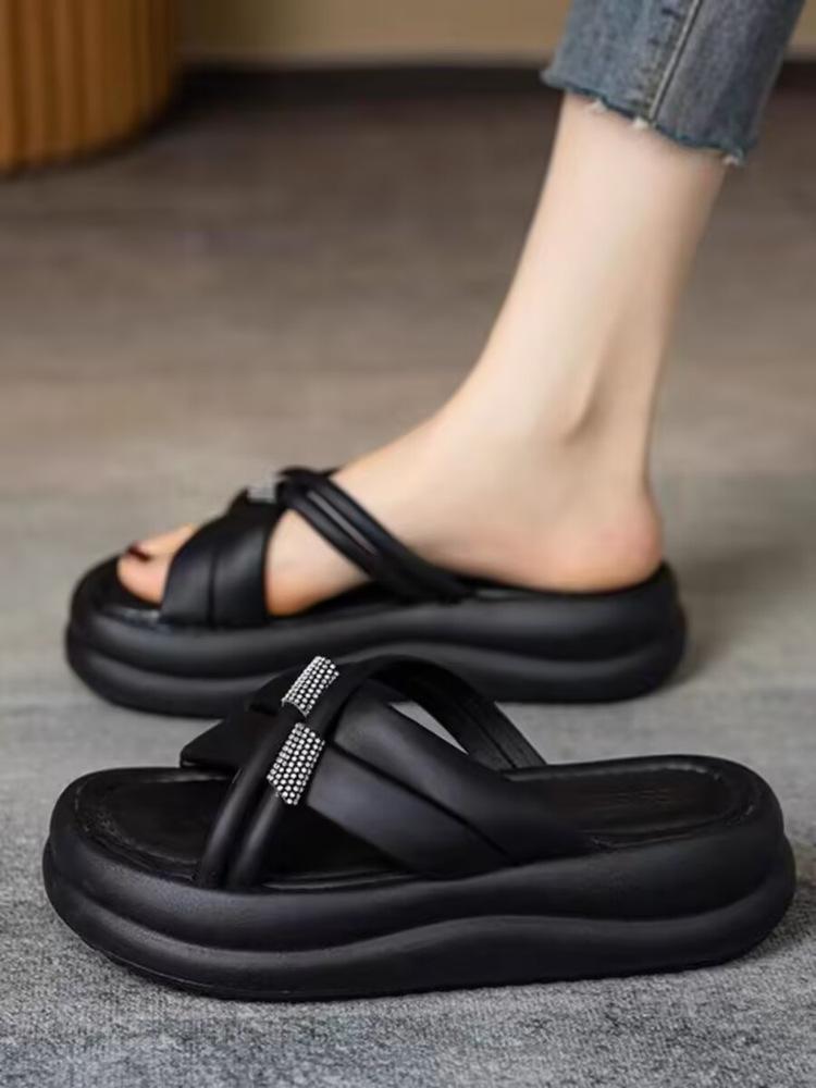 Cool Slippers Women's Summer Fashion Wear 2025 New Rhinestone Platform Pregnant Women's Beach Sandals High-end One-word