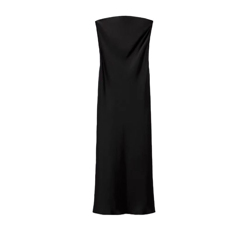 Summer French Suit Tube Top Silk Satin Texture Black Dress