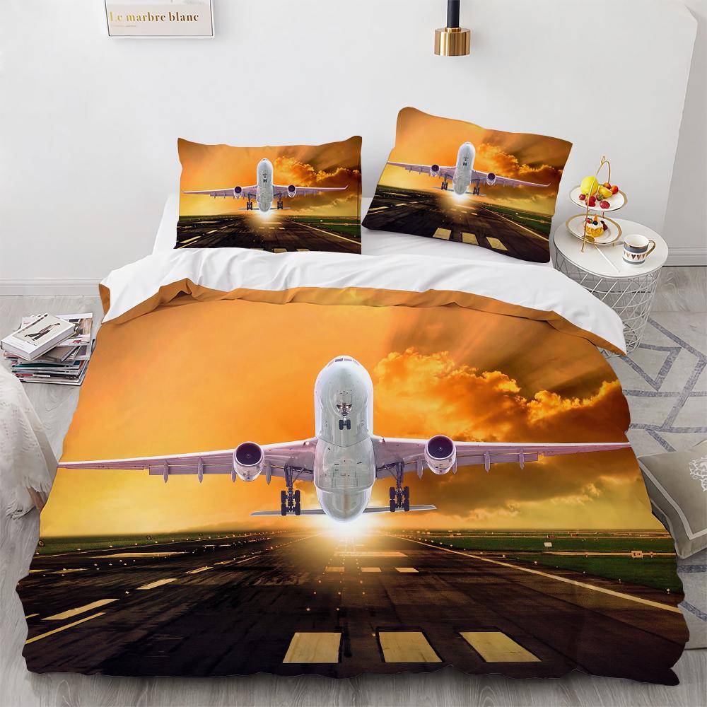 3D Flygplan Kung Drottning Påslakan Rosa Passagerarflygplan Sängkläder Set För Vuxna Himmel Hav Naturlandskap 2/3 st Polyester Täcke