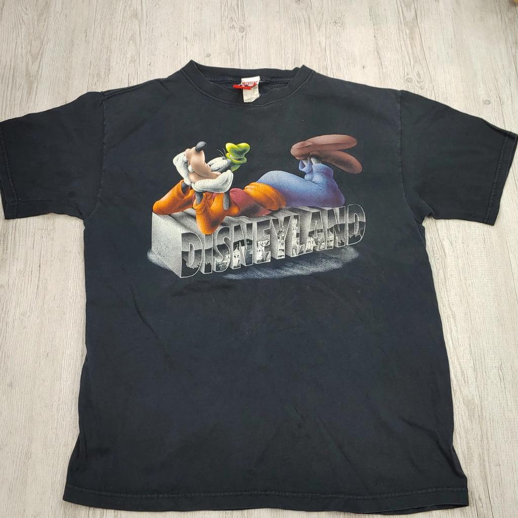 90's Disneyland Goofy Black 100% Cotton T-shirt Mens Tees Top Mickey Inc USA Size L Sinble Stitch Vintage