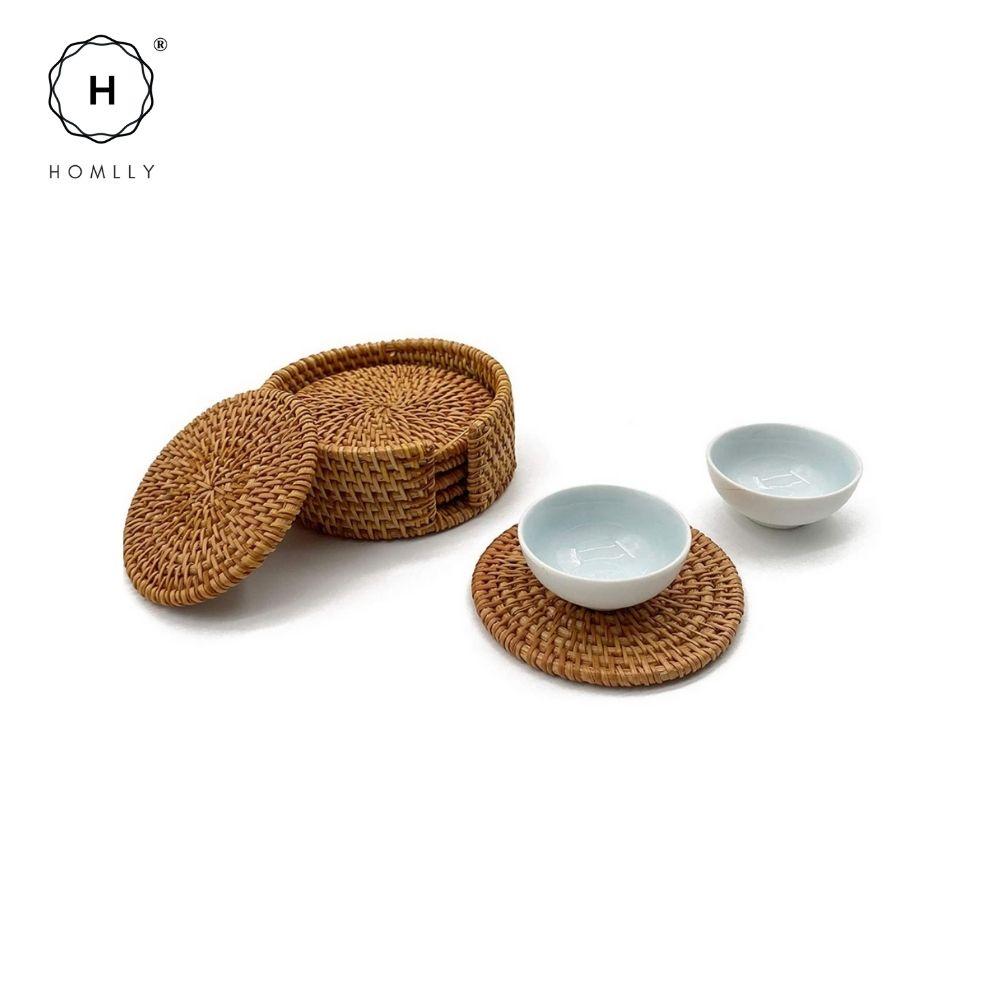 Homlly Basic 100% Natural eco-friendly Hand Made Rattan Coaster Set (6pcs) with Coaster Box
