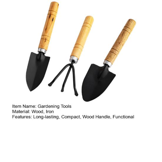 3Pcs/Set Small Gardening Tools Wood Handle Hand Shovel Rake Trowel Heavy Duty Metal Gardening Hand Tools for Balcony Succulents Flower Pots Planting