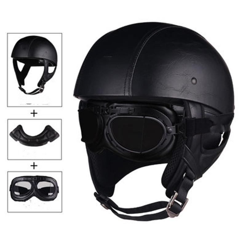 Retro Motorcycle Helmets with Harley Visor Leather Helmet for Man Electric Motorbike Vintage Protected Motor Safety Cap