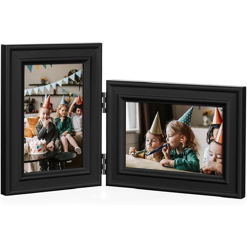 5X7 Double Wooden Hinged Picture Frame Vertical and Horizontal in Distressed Farmhouse Wood Grain, Display 4x6 with Mat or 5x7 without Mat, Folding