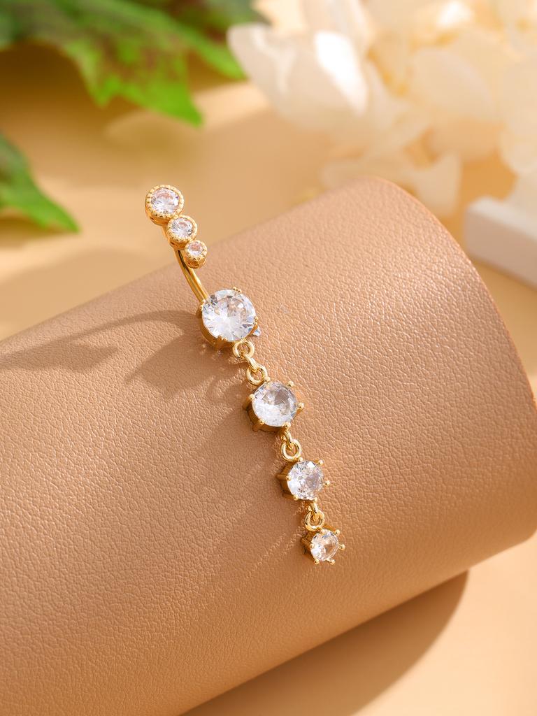 Gold Stainless Steel Long Dangle Flower CZ Belly Button Ring for Women