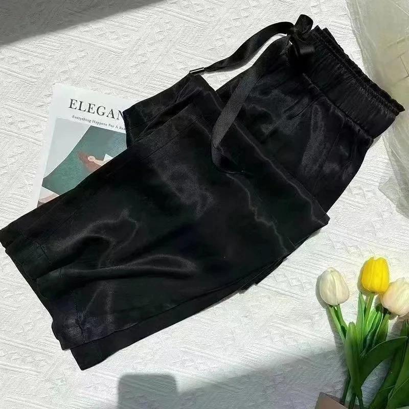 Women's Pants Elastic High Waist Straight Wide Leg Trousers Loose Solid Color Drawstring Long Pants