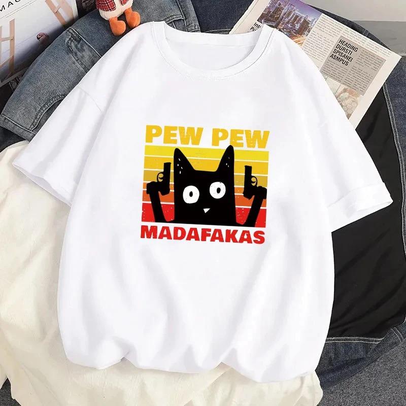 Fun Retro Pew Madafakas Cat Printed Cotton T-shirt for Women's Casual O-neck T-shirt for Summer Street Wear Harajuku T-shirt Top