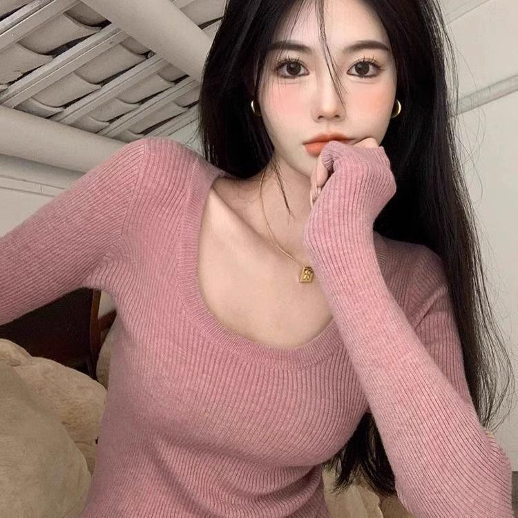 Korean Style Slim Fit U-Neck Long Sleeve Knitted Top for Women - Early Autumn 2024 Fashion Versatile Base Shirt