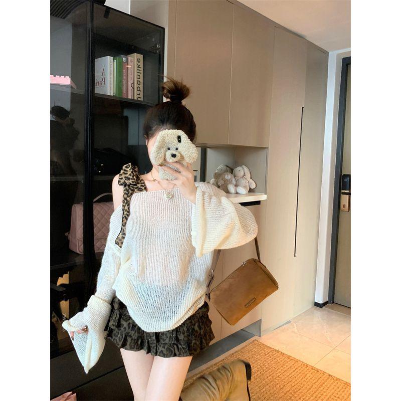 Kumikumi Stylish Leopard Print Lace-up off-Shoulder Long Sleeves Pullover Sweater Female Autumn New Arrival Chic Anti-Aging Top