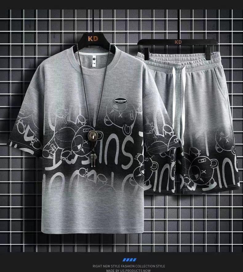 Men's Summer Waffle Ice Silk Two-Piece Casual Suit - Short-Sleeve T-Shirt & Shorts