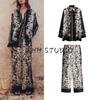 With Collar Long Sleeves Loose Print Long Shirt 1288634 High Waist Straight-leg Print Drawstring Pants 1291026
