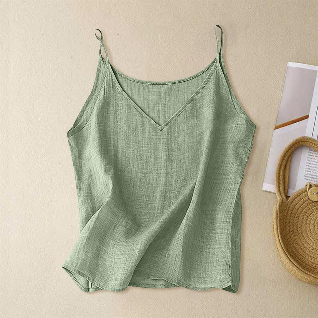 Dames V-hals Mouwloze Tanktop Camisole Lichtgewicht Linnen Stof Losse Pasvorm Basic Casual Vest Blouse voor de Zomer