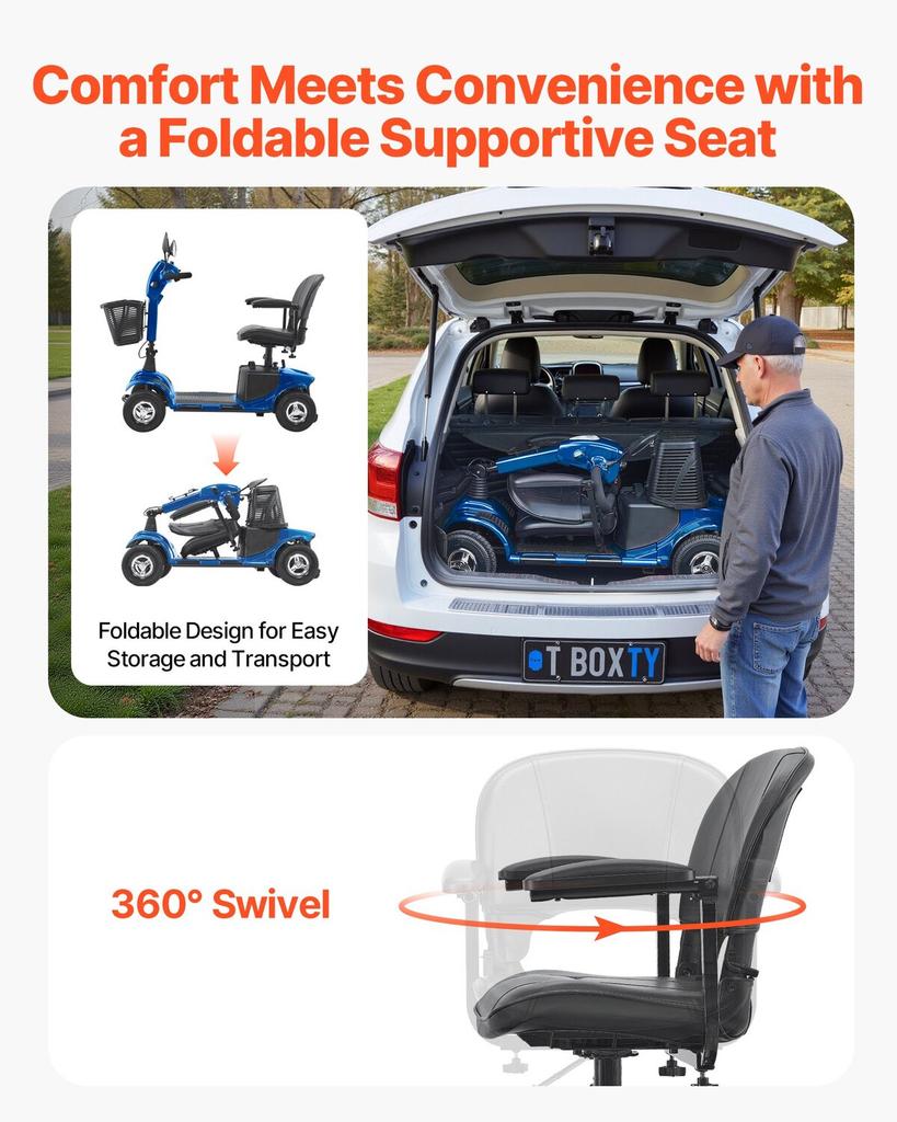 4-Wheel Folding Mobility Scooter for Adults & Seniors, Electric Mobility Scooter with 25KM Long Range, All Terrain Travel Wheelchair with Anti-slip