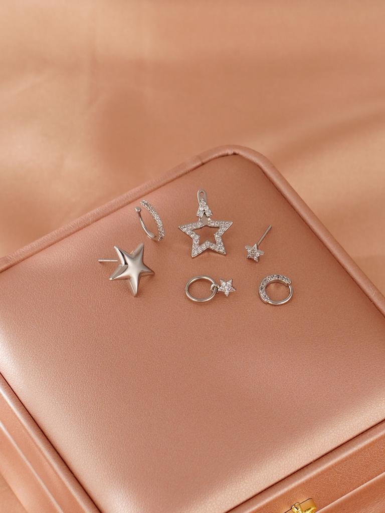 6pcs Hip Hop Rock Silver Pentagram Women's Earrings Party Jewelry