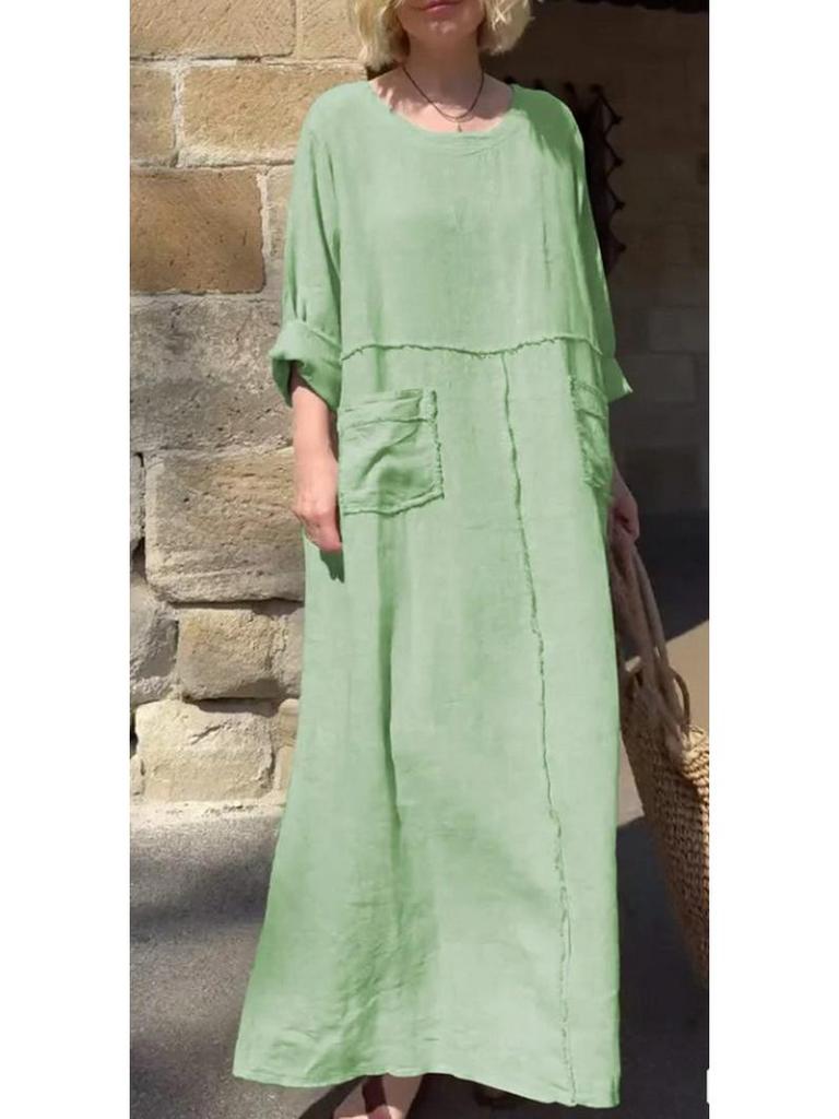 Women's Casual Loose-Fit Pleated Dress - Cotton & Linen, Round Neck, Long Sleeve, Double Pocket, European & American Style.