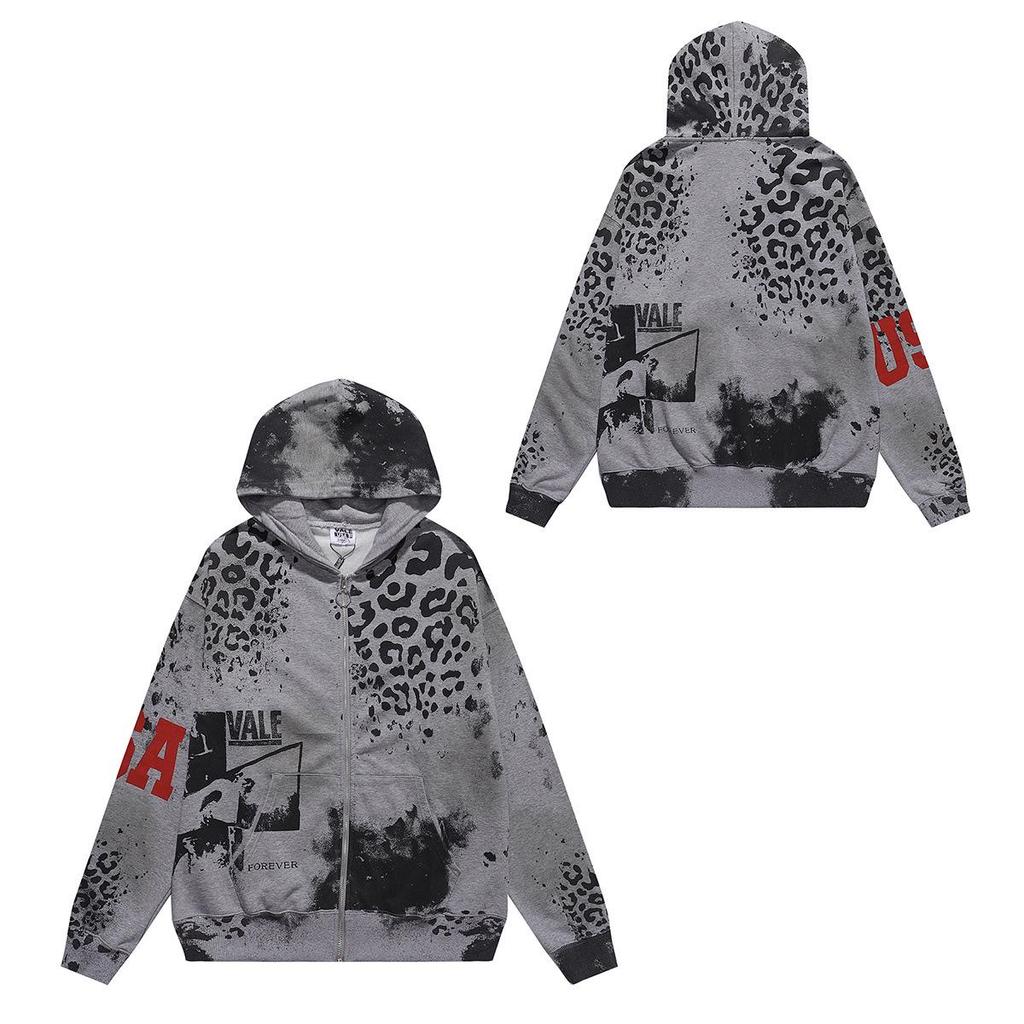 Unisex Retro Print Distressed Zipper Hoodie - Loose Fit, High Street American Style