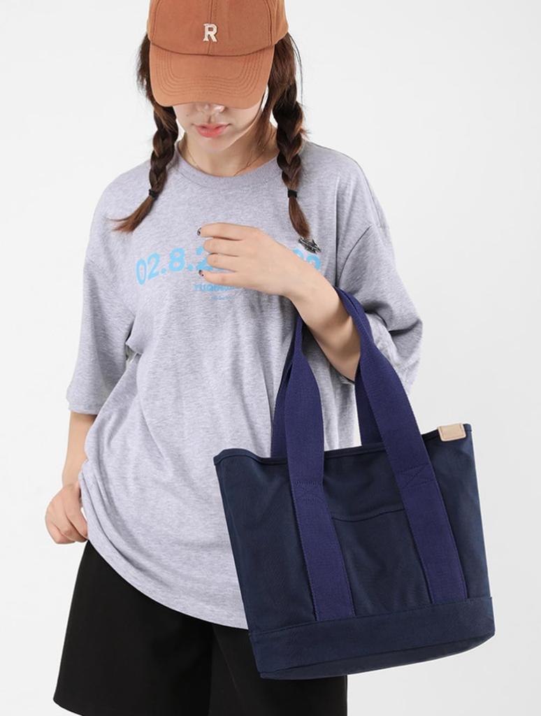 YAYUPLUS Women's Canvas Tote Bag, A4 Size, Large Capacity, Freestanding, Large Divider, Zippered, Solid Color, Mother's Day Gift (Navy, F)