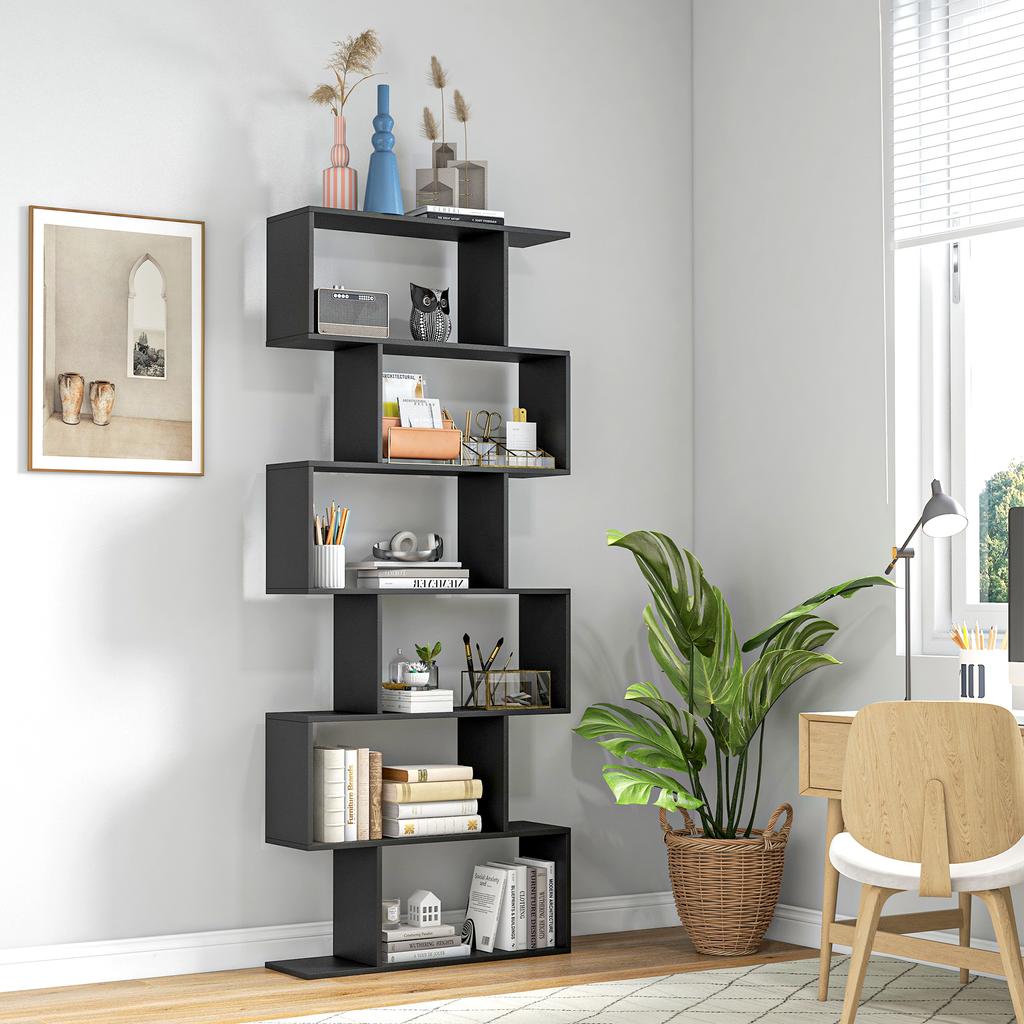 Zigzag Bookcase Shelf Contemporary Design 80L x 23W x 192H cm 6 Levels Black