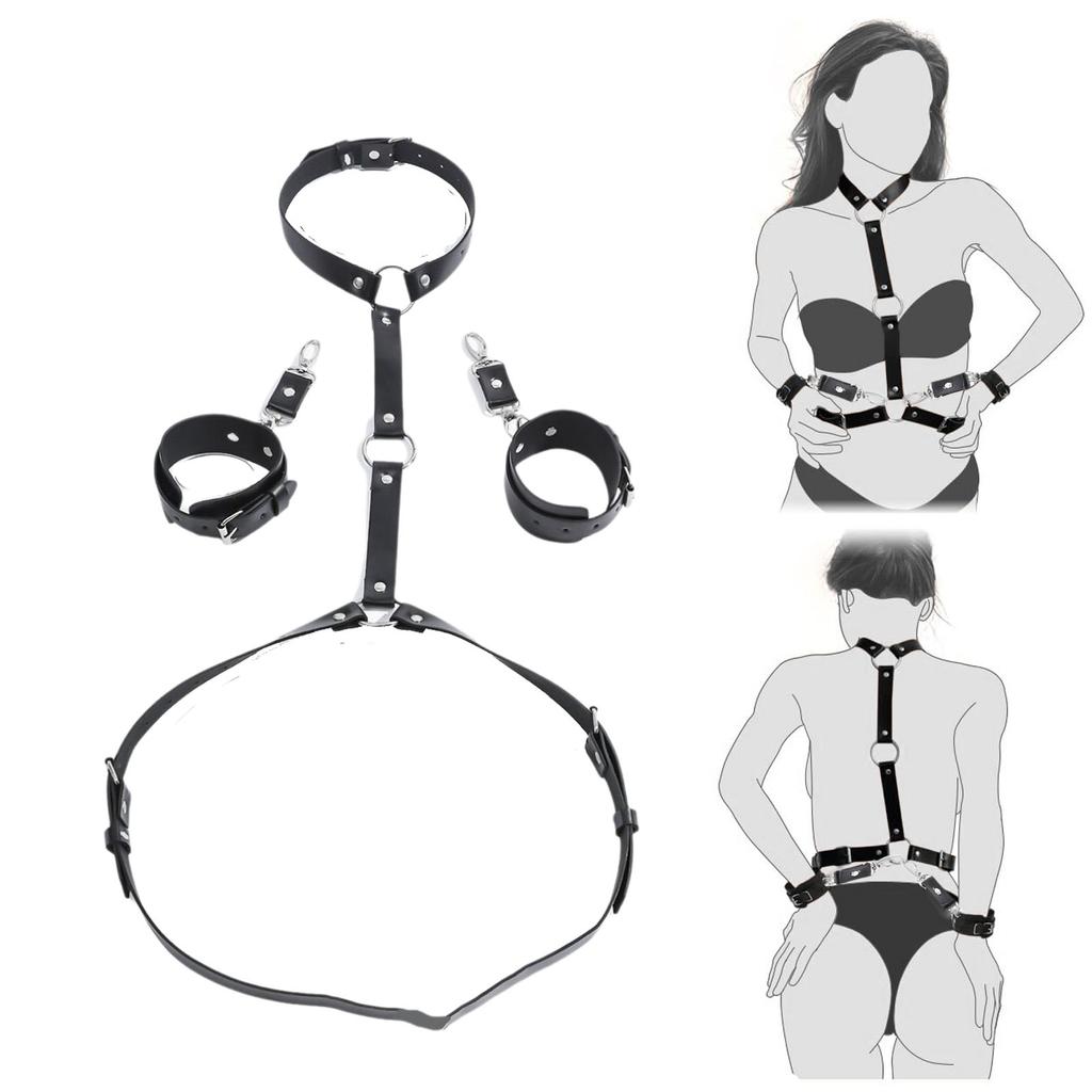 Sex Bondage Harness Neck to Wrist Restraints Set Sex Toys Leather Behind Back Restraints SM Bondage Waist Belt for Adult SM Game