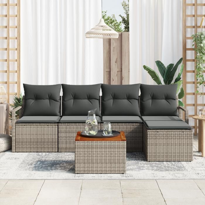 Ensemble de canapé de jardin en 6 pièces avec coussins gris poly rotin acacia, Canapé de jardin 2 places avec coussins gris 3347692