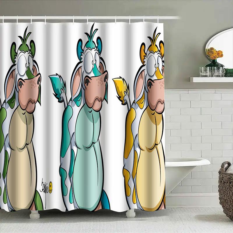 Animal Cartoon Shower Curtain Cute Cow Design for Bathroom Decor Waterproof Fabric with Hooks Various Sizes Available