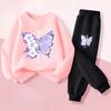 Spring Long Sleeved Top Long Pants Two Piece Sets for Girls Elegant Butterfly Printed Hoodies Suit Children's Outfits Tracksuit