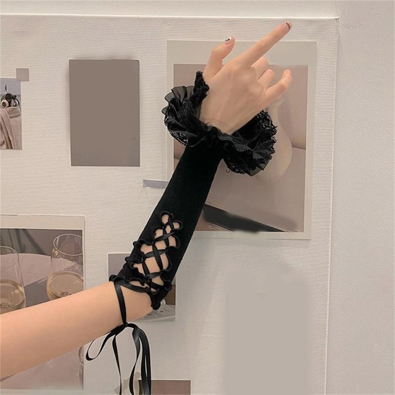 Elegant Lace Trim Flare Arm Sleeves With Ballet and Ribbon Design For Dance And Theme Event Dressingup Anime Armwear