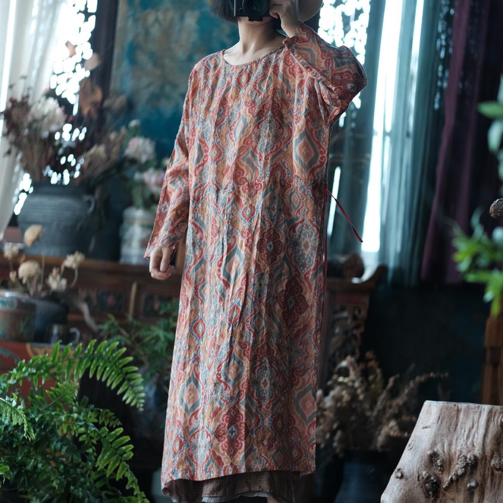 

Johnature Женские платья с винтажным принтом и цветочным принтом, с круглым вырезом и длинным рукавом, осень-осень, высокое качество, женские свободные платья One Size разноцветный