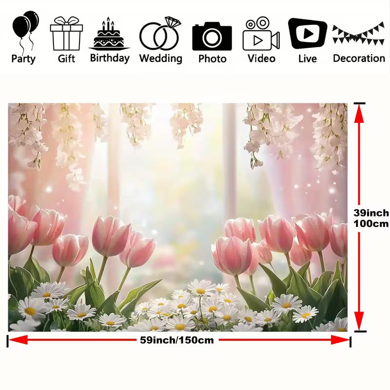 2D Pink Tulip & Daisy Photography Backdrop for Spring Party