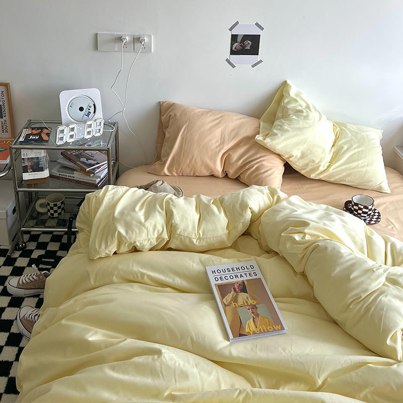60 Thread Count Washed Cotton Solid Color Woven Four Piece Bed Sheet Fitted Sheet Style Simple and Fresh Three Piece Student Bed Set