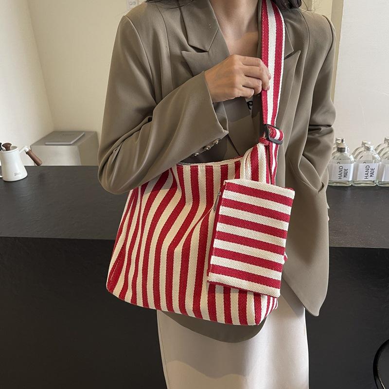 Retro literary handbag simple small fresh striped shoulder bag casual fashion large capacity shopping bag