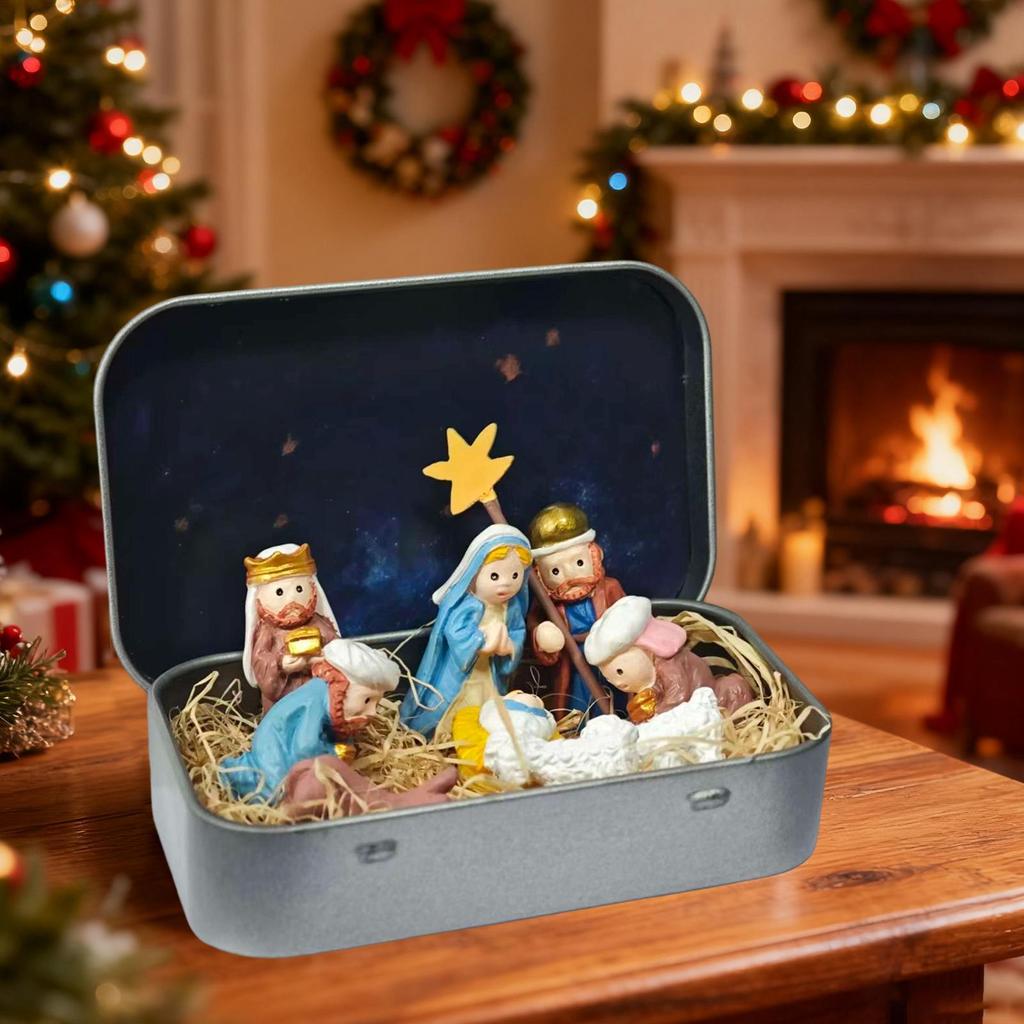 Tin Box Nativity Mini 3D Small Religious Holy Figurines Holy Family Christmas Religious Decoration for Desk Shelf Office Bedroom