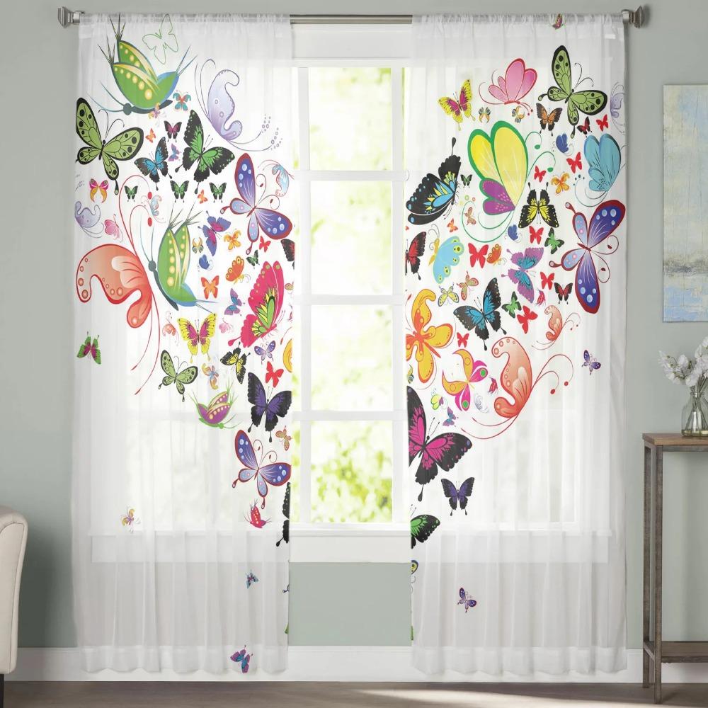 Colorful Butterfly HeartShaped Chiffon Sheer Drapes for Living Room Bedroom Home Decoration Window S Curtain