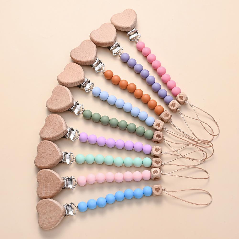 Pendant for Newborn Toys Gift New Beech Wooden Heart Beads Baby Pacifier Chain Clip Silicone Beads Dummy Nipple Holder Teether