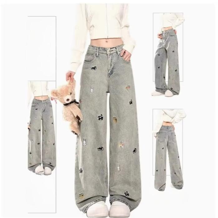 Casual Cartoon Embroidery High Waist Wide Leg Jeans Women's Loose Fit Spring Autumn New Style Versatile Denim Pants