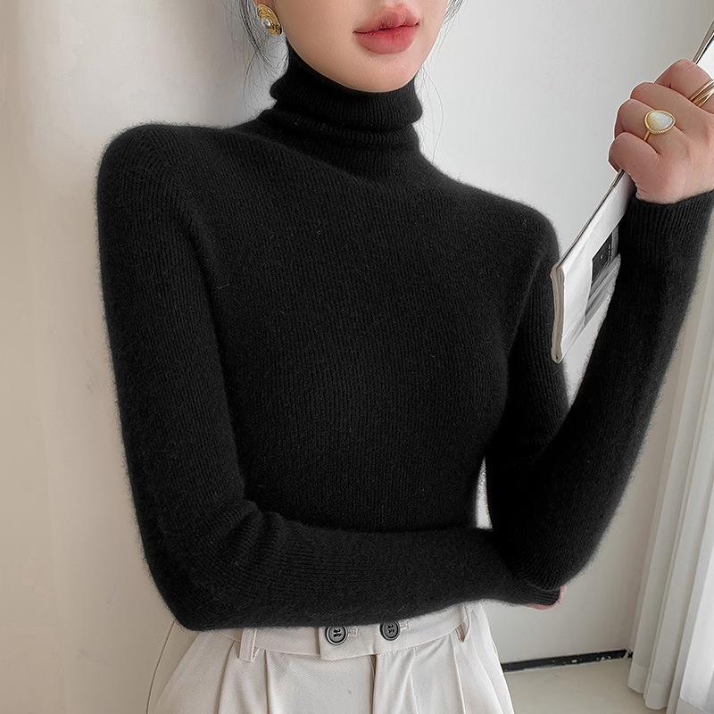 

Женский свитер с высоким воротником Осень Зима Облегающий пуловер Вязаный Воротник-стойка Универсальный базовый слой 2XL чёрный