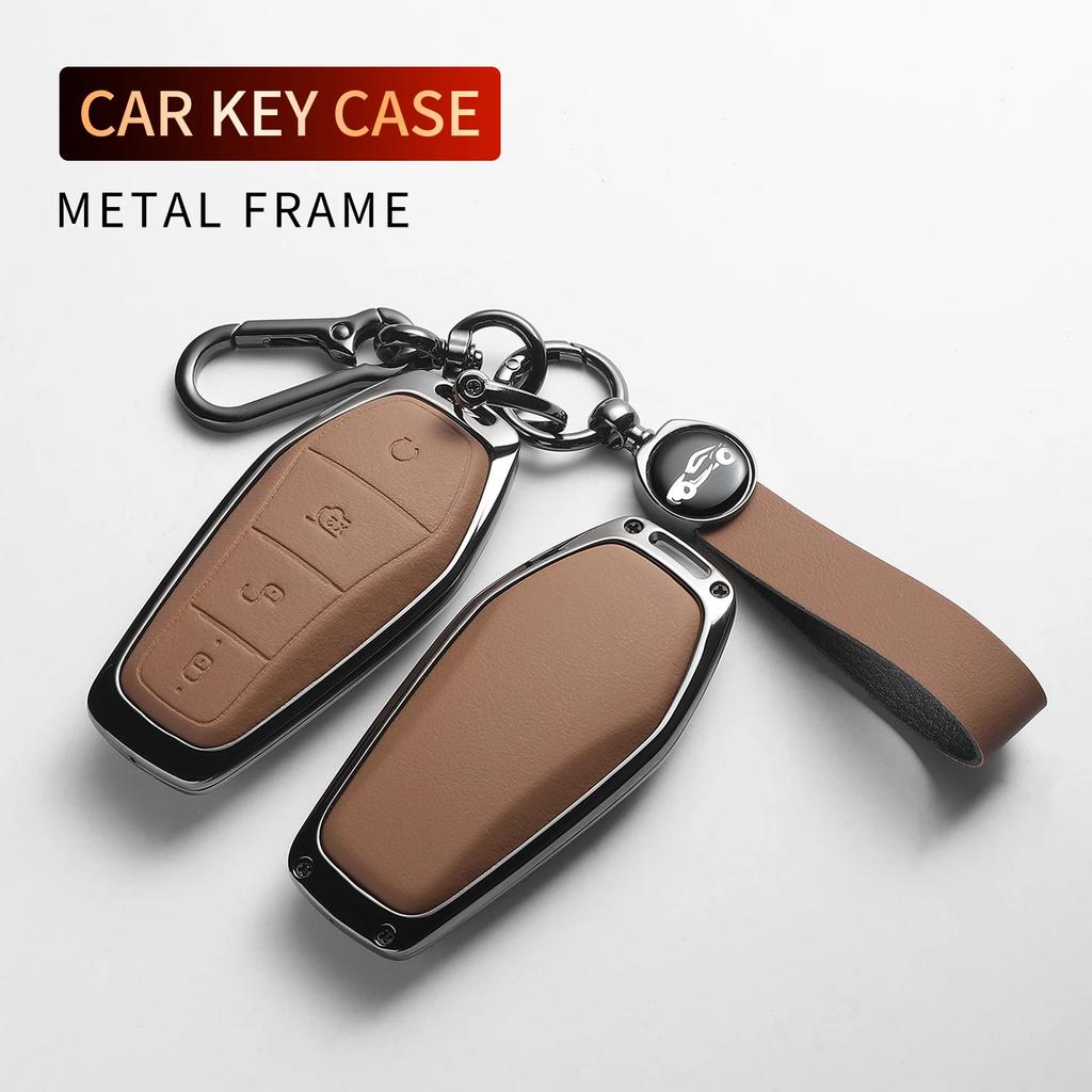 Leather Metal Car Key Case For BYD Han EV Dolphin Song Plus DMI Seagull Yuan UP Qin Pro Seal 06 Escort 7 Tang L Interior Parts