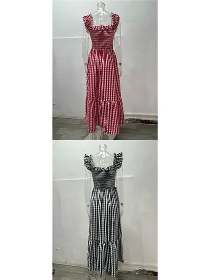 European American Women's Retro Plaid Sleeveless Maxi Dress with Thin Straps & Ruffles