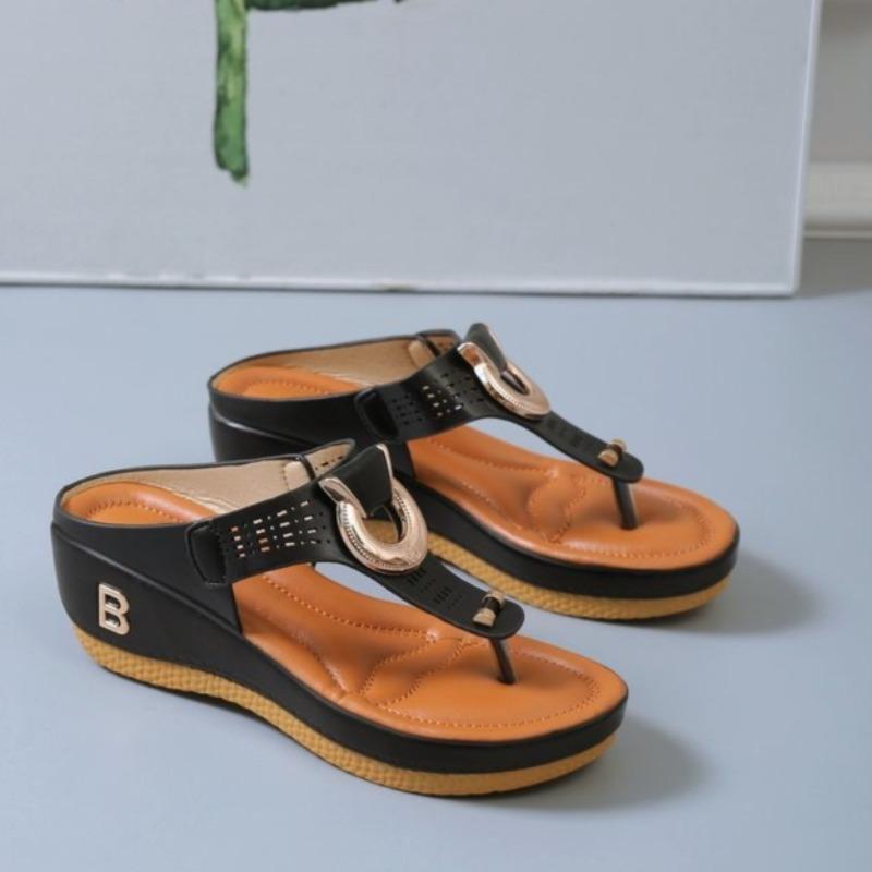 Fashion Women's Fashion Thick-soled Flip Flops Wedge Open Toe Beach Roman Clip-toe Sandal Luxury Metal Buckle Designer Sandals for Women