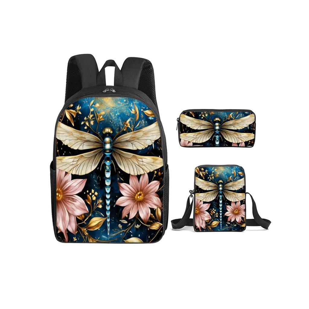 Zaino 3 Pezzi/Set con Borsa a Tracolla, Astucci, Stampa Libellula, per Ragazzo/Ragazza, Miglior Regalo, Cartone Animato, Zainetti Scolastici per Studenti