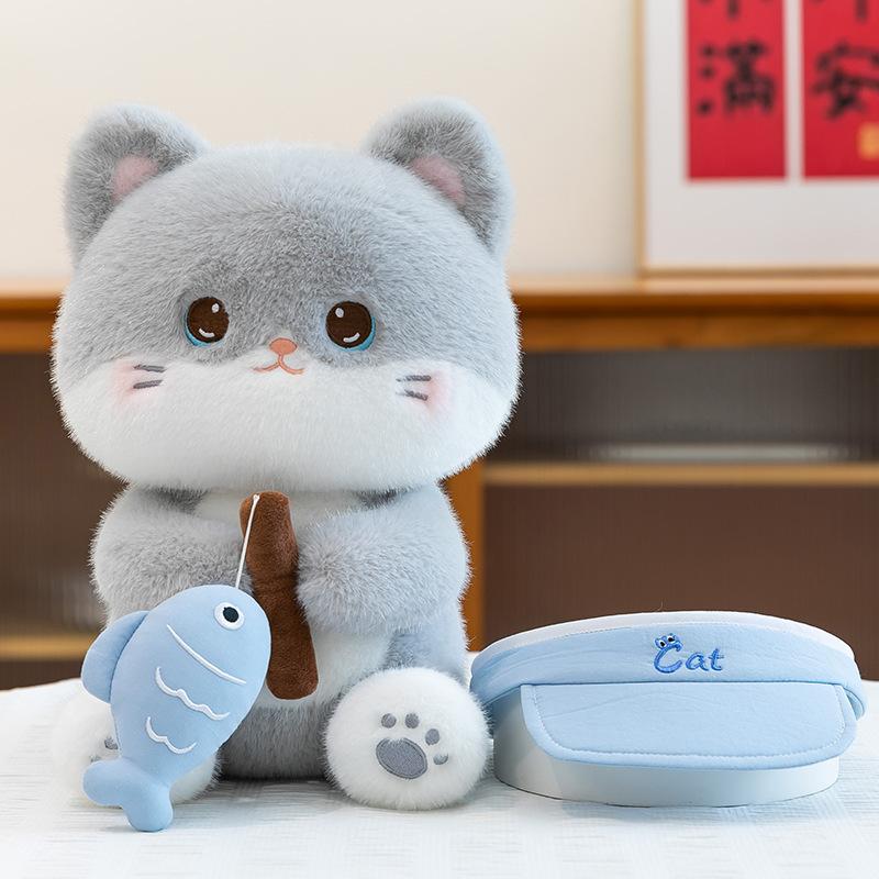 Cute Fishing Greedy Cat Plush Toy Funny Siamese Cat Accompanying Doll Giving Children and Girls Gifts