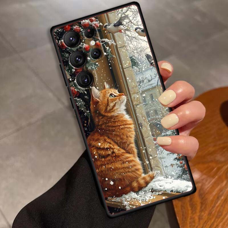 Cute cartoon cat illustration Phone Case For Samsung Galaxy S26 S25 S24 S23 S22 S21 S20 Ultra Plus FE 5G Black Soft TPU