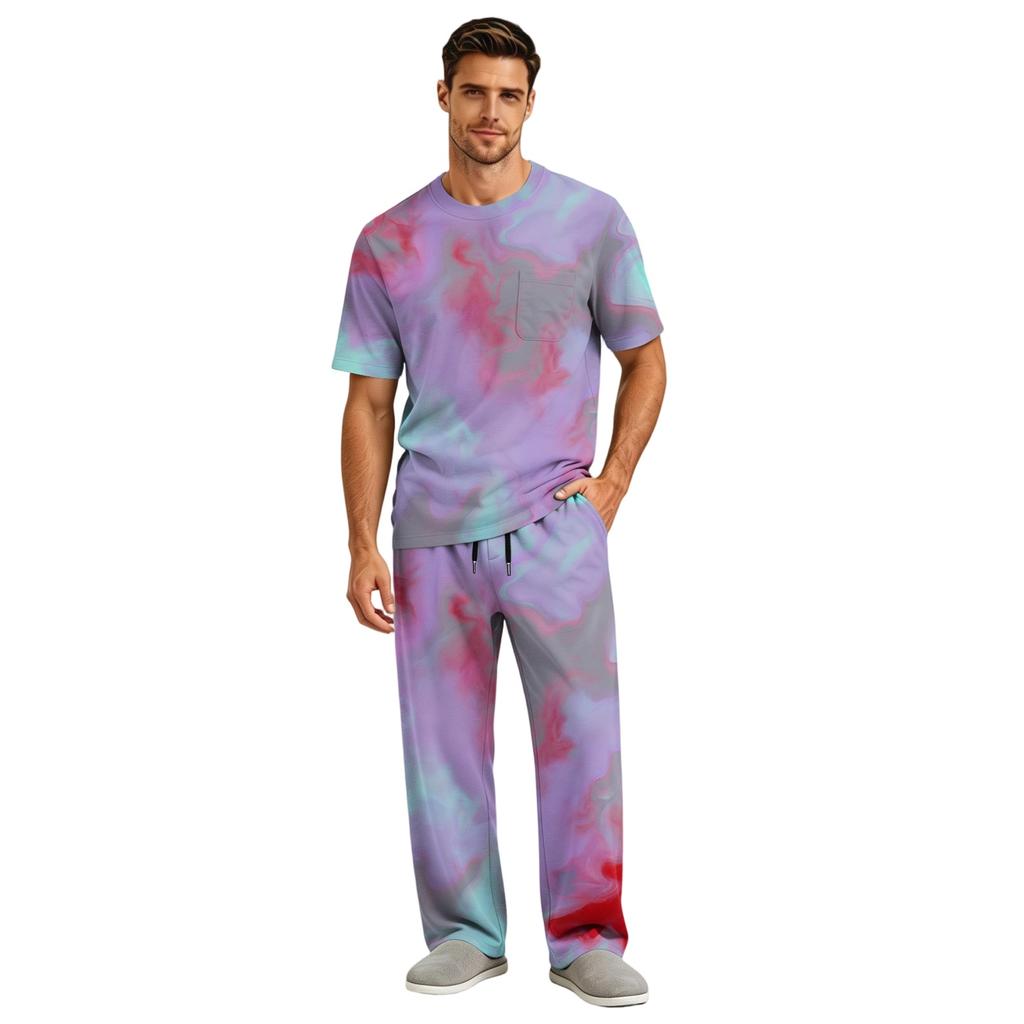 Men's Home Pajama Set, Short Sleeve Top and Long Pants with Button Fly and Drawstring Waist